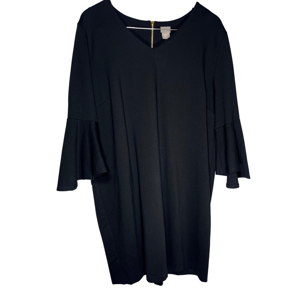 Chicos Ponte Shift Dress Womens 3.5 US 18 Black Bell Sleeve‎ V Neck Zip Back LBD